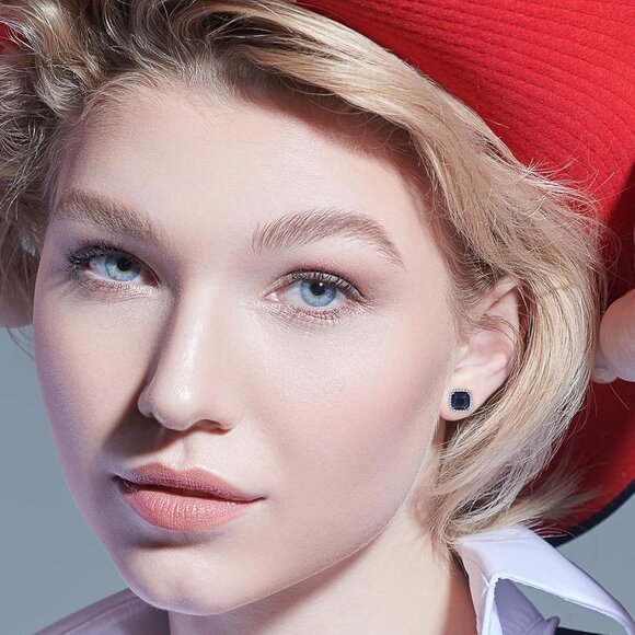 Women's Blue Crystal Sterling Sparkling Square Cubic Zirconia Stud Earring - Picture 4 of 7